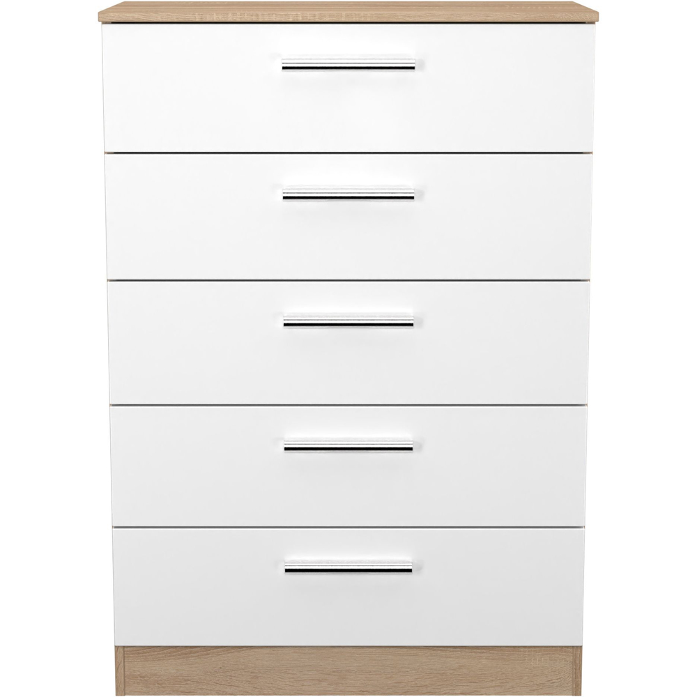 Crowndale Contrast 5 Drawer White Matt and Bardolino Oak Chest of Drawers Ready Assembled Image 2