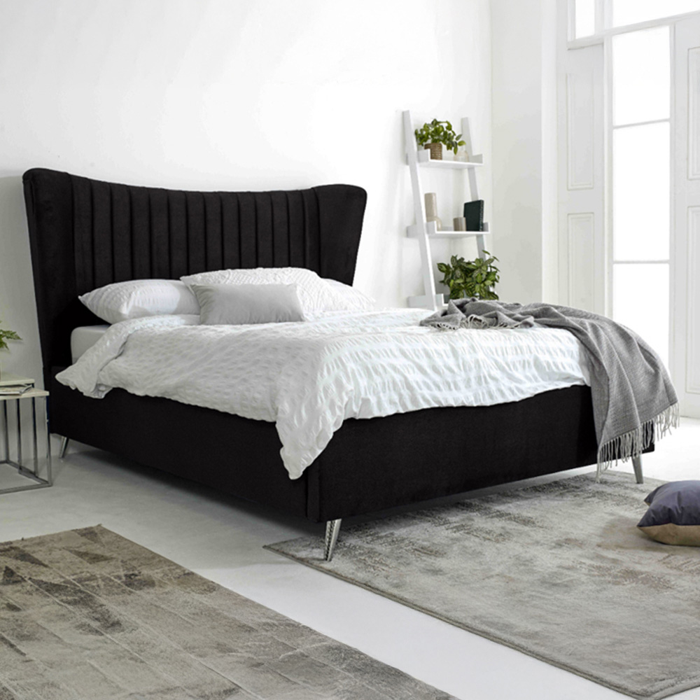 Eleganza Tatum Double Black Plush Velvet Bed Frame with Headboard Image 1