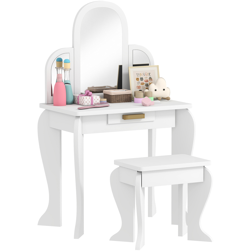 HOMCOM Single Drawer White Mirror Kids Dressing Table and Stool Set Image 2