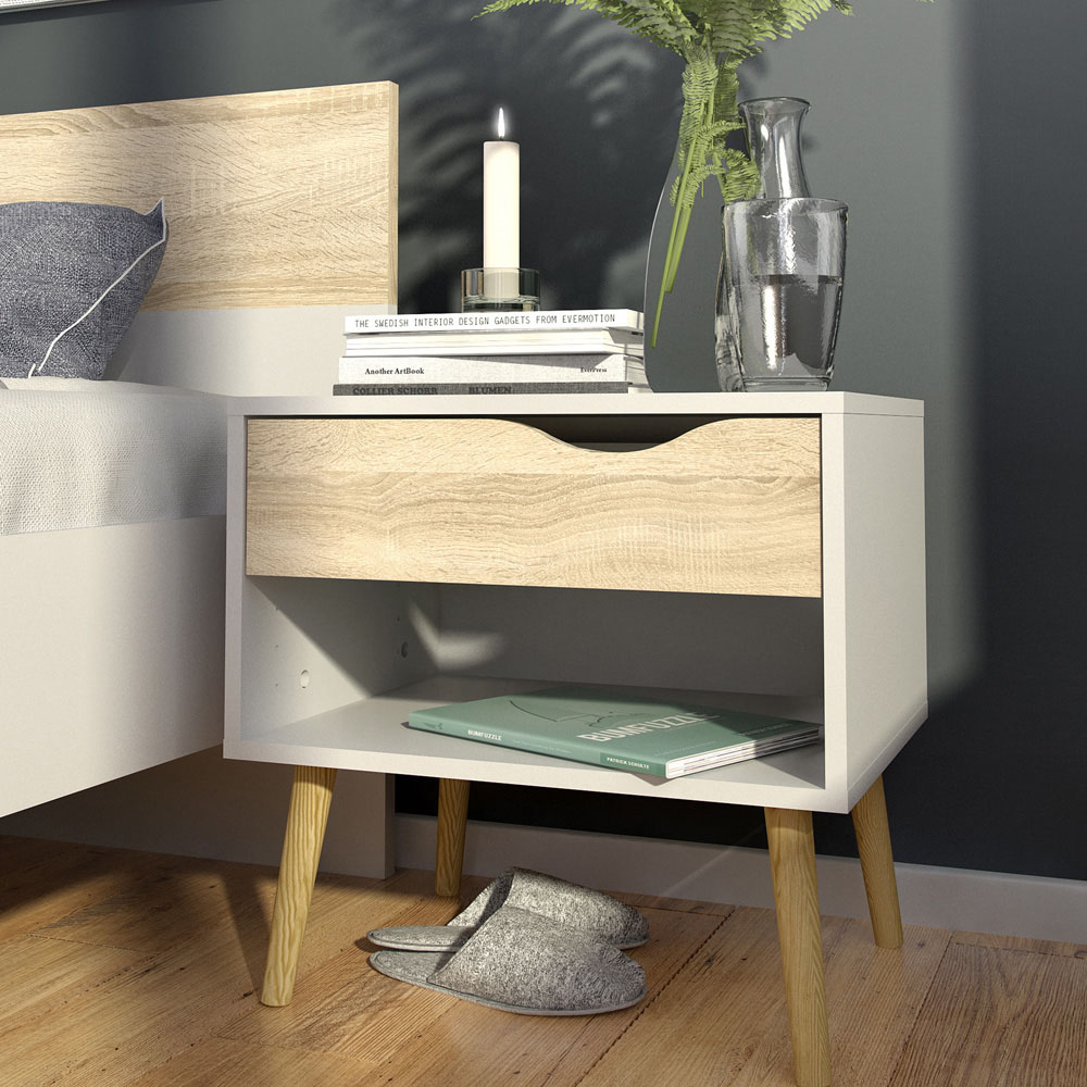 Florence Single Drawer White and Oak Bedside Table Image 7