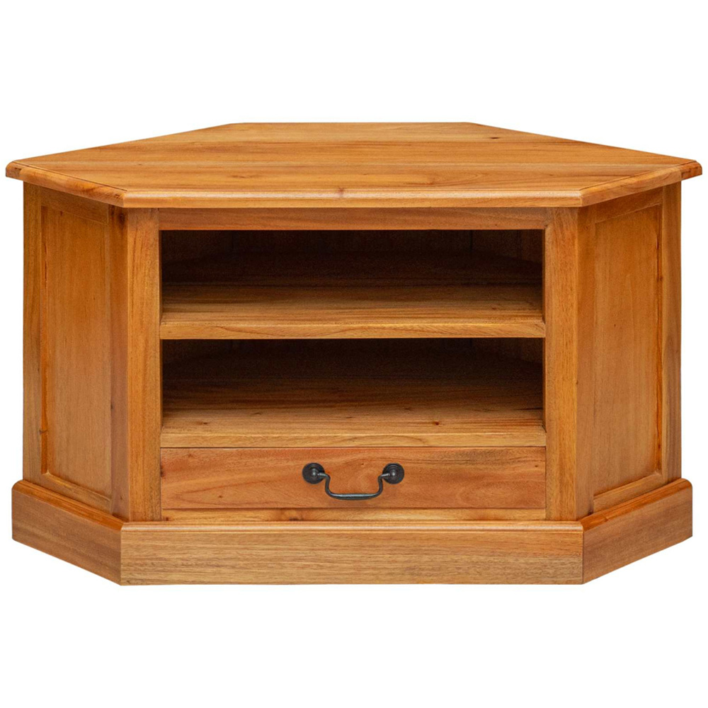 vidaXL Single Drawer 2 Shelf Natural Solid Mahogany Wood Corner TV Cabinet Image 5