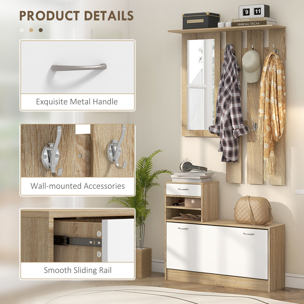 HOMCOM 2 Piece White and Natural Hallway Furniture Set with Mirror Image 8