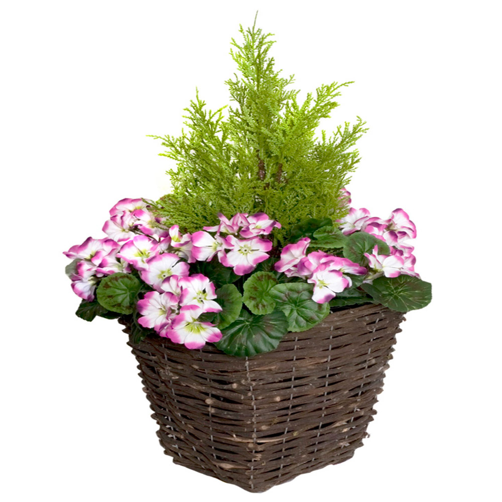 GreenBrokers Artificial Purple and White Geraniums Dark Rattan Planters 60cm 2 Pack Image 2