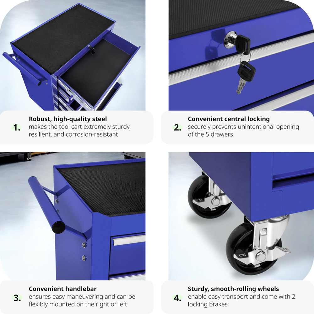 tectake 5 Drawer Blue Tool Chest of Drawers with Wheels Image 4