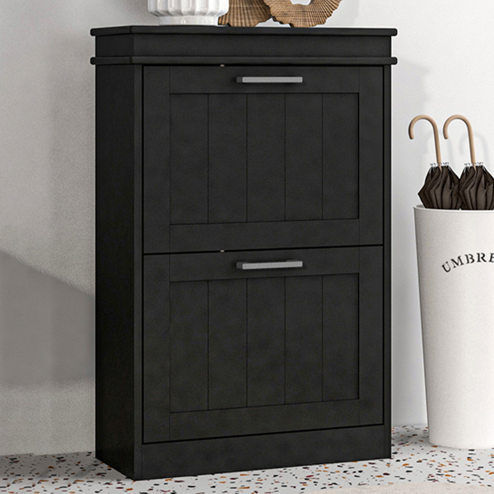 Portland 2 Flip Drawer Black Slim Shoe Storage Cabinet Image 1