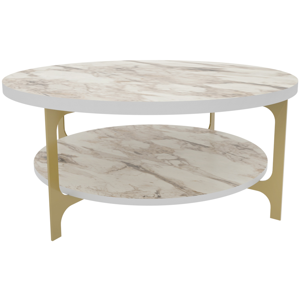 Decorotika Versy Single Shelf White Marble Effect and Gold Metal Leg Round Coffee Table Image 3