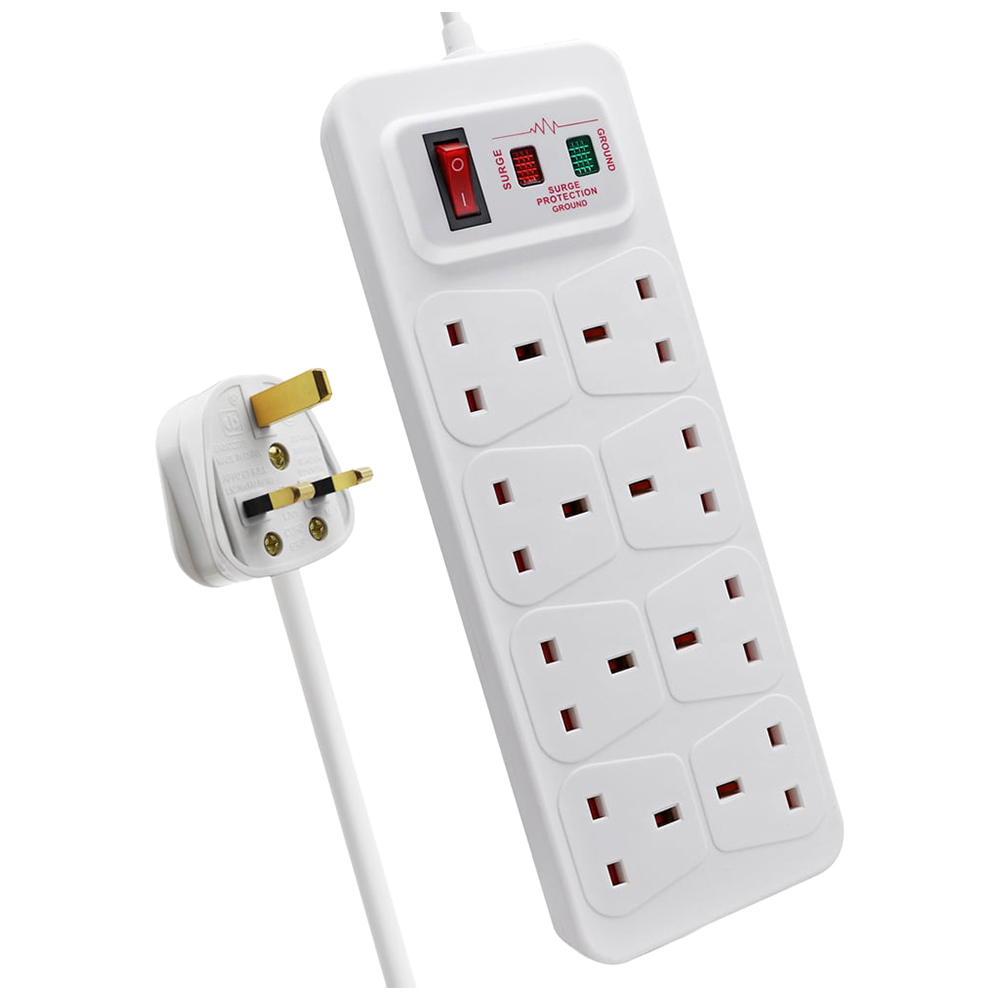 ExtraStar 8 Gang 13A White Switched Surge-Protected Extension Lead 2m Image 1