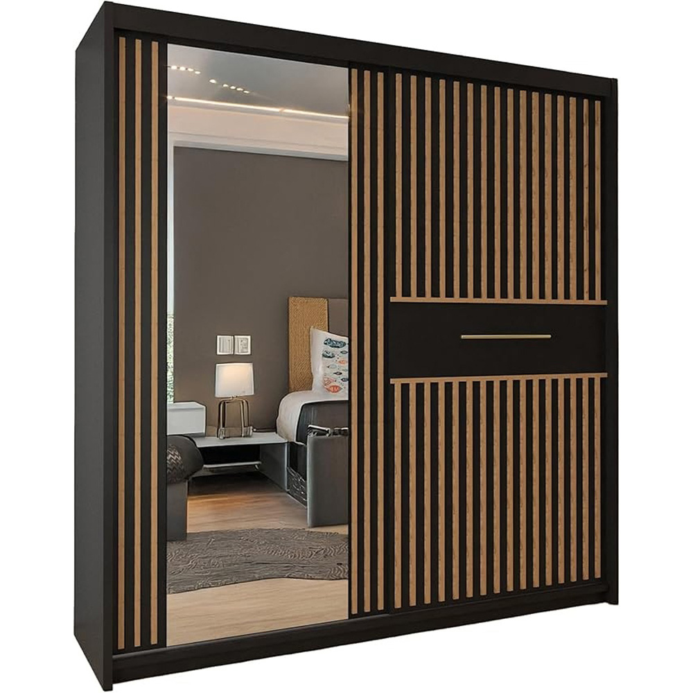 Sliding Wardrobes 4U 2 Sliding Door Black Modern Wide Oak Striped Mirrored Wardrobe Image 2