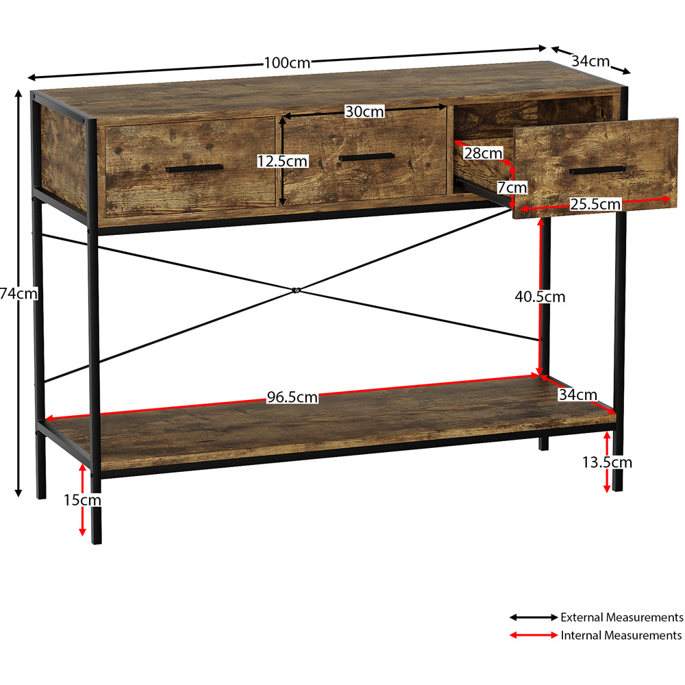 Home Vida Brooklyn 3 Drawer Dark Wood Industrial Console Table Image 7