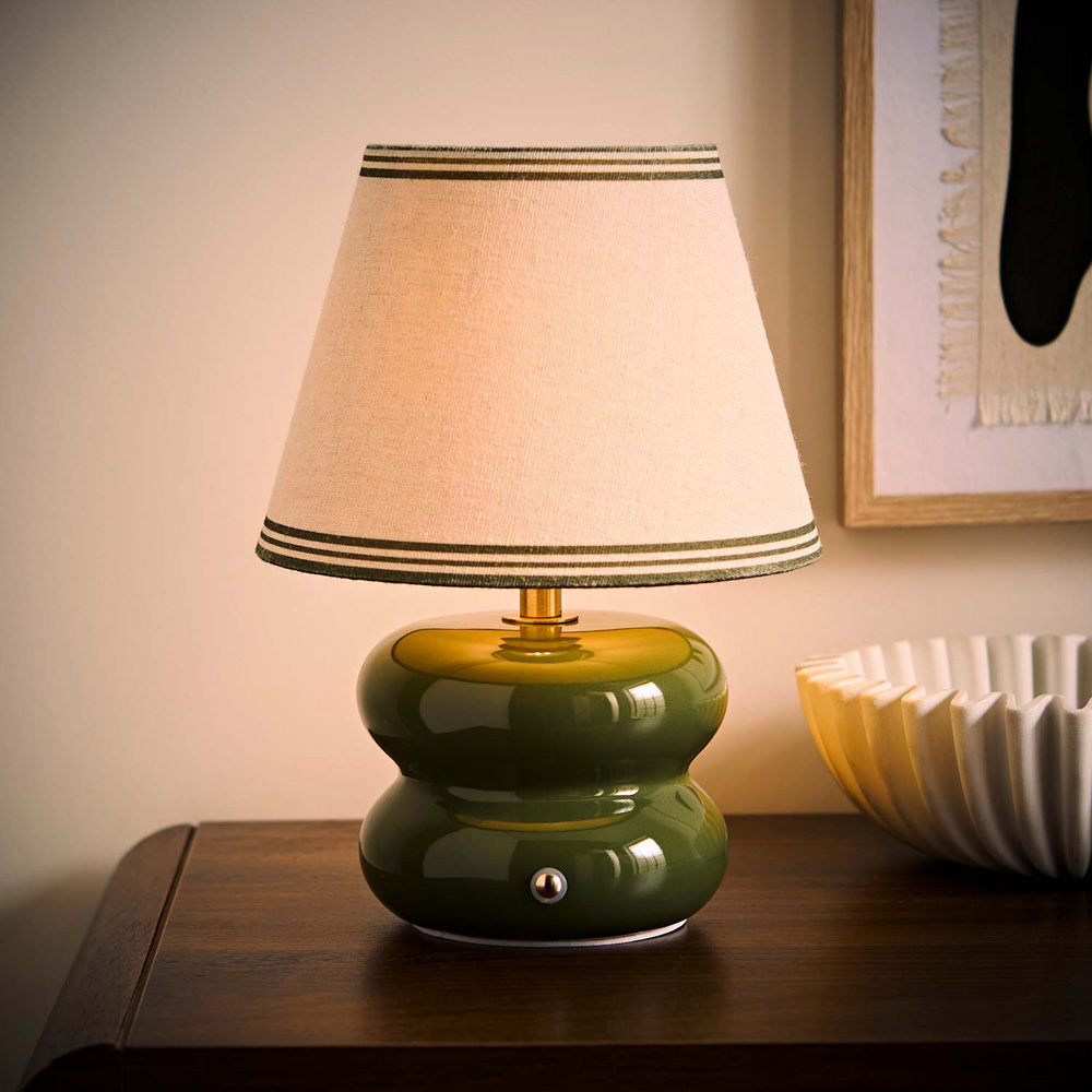 ValueLights Gia Triple Trim Linen Shade Olive Ceramic Stack Rechargeable Table Lamp Image 2