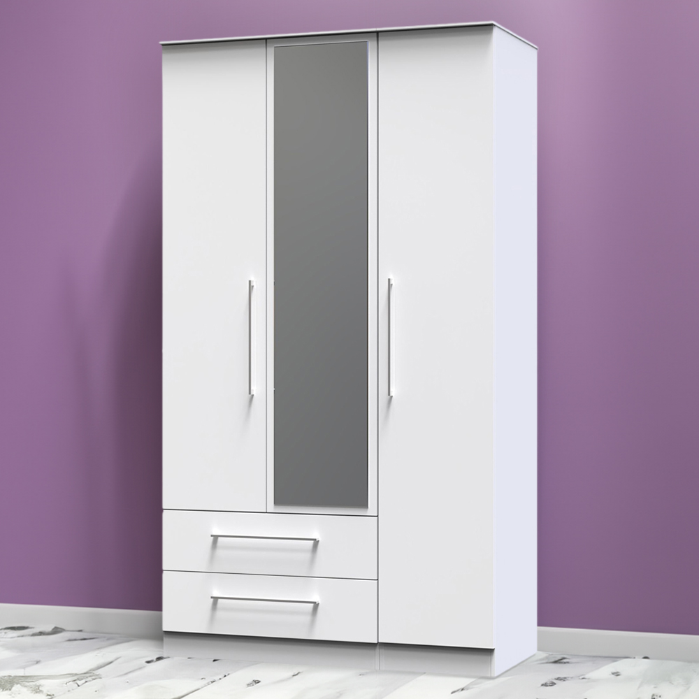 Crowndale Worcester 3 Door 2 Drawer White Mirrored Wardrobe Ready Assembled Image 1