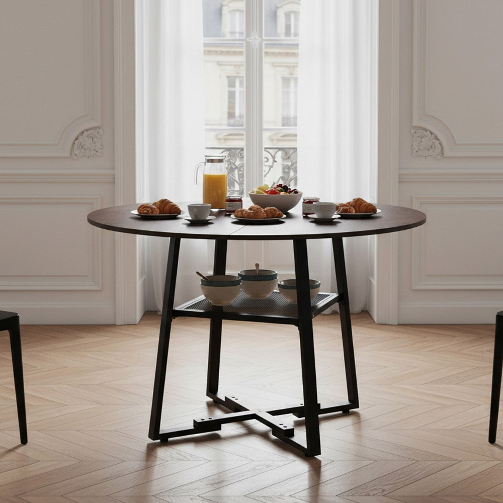 Living and Home 4 Seater Vintage Wood Effect Round Dining Table with Storage Shelf Image 8