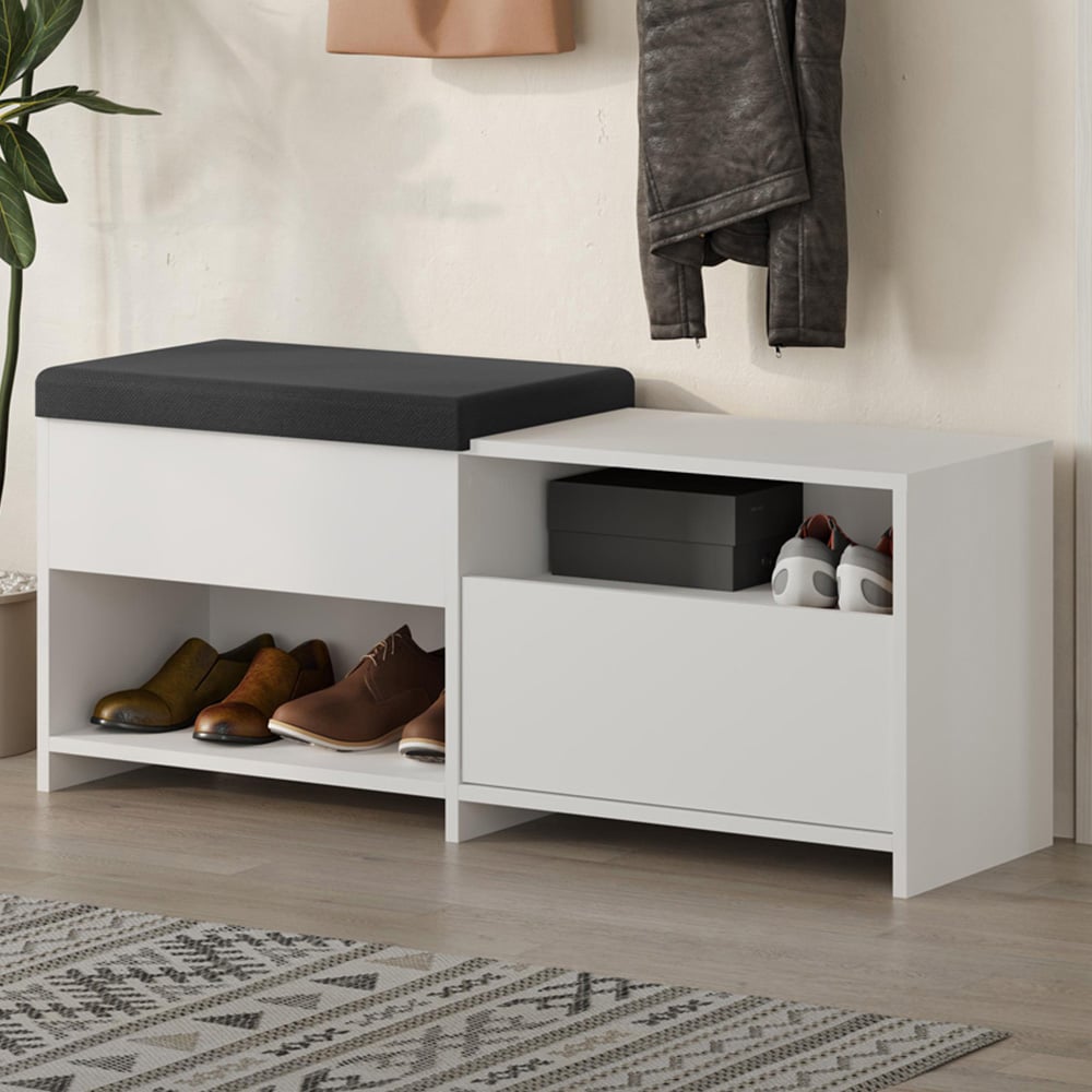 Decortie Filux 2 Shelf Single Door White Shoe Bench Image 1