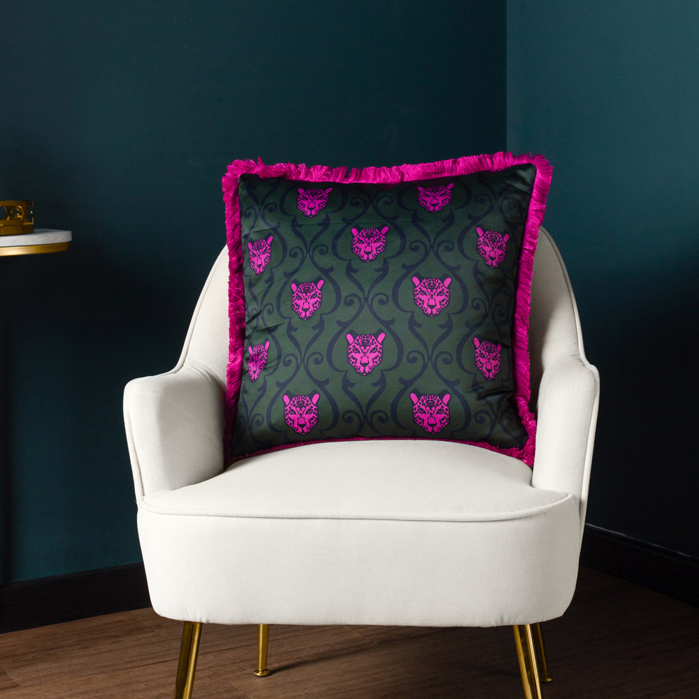 Paoletti Lupita Emerald and Pink Fringed Cushion Image 2