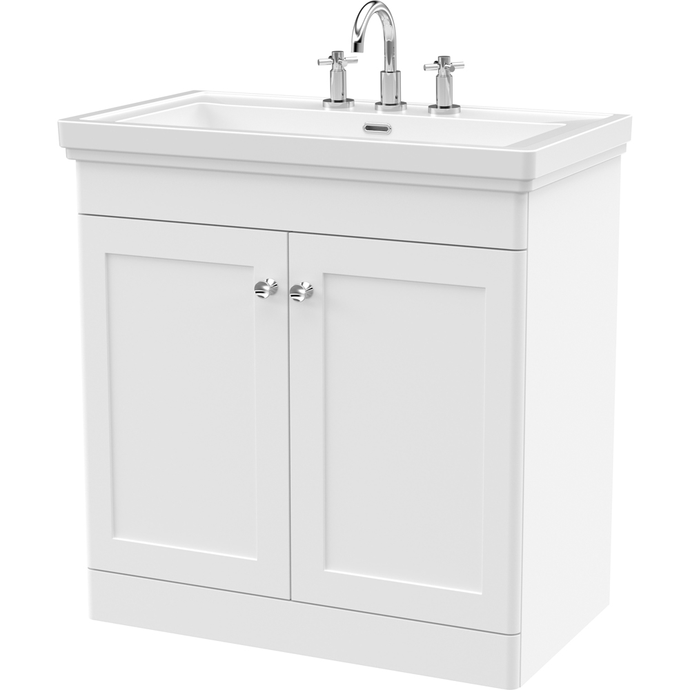 nuie Classique 2 Door Satin White Floor Standing Vanity Unit and 3 Tap Hole Fireclay Basin 800mm Image 1
