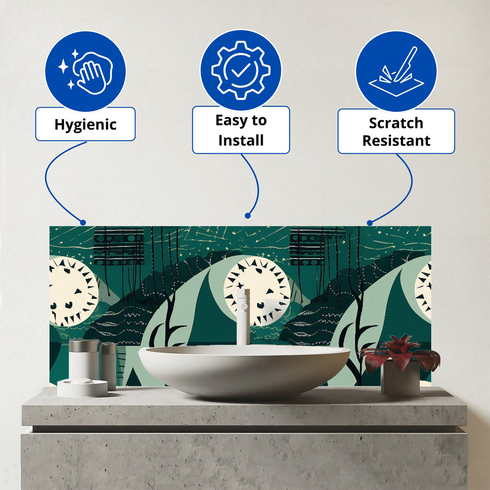 Warren Reed Designer Abstract Green Cream Moon and Stars Glass Bathroom Splashback 25 x 60cm Image 3