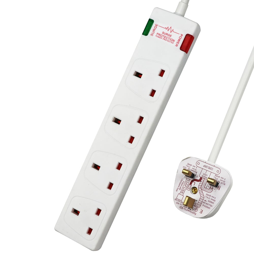 ExtraStar White 13A 3m 4 Socket Surge Protected Extension Lead Image 1