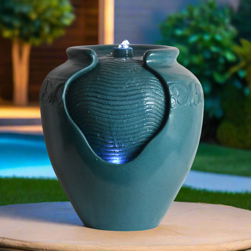 Teamson Home Teal Outdoor Glazed Pot Floor Fountain with LED Light Image 6