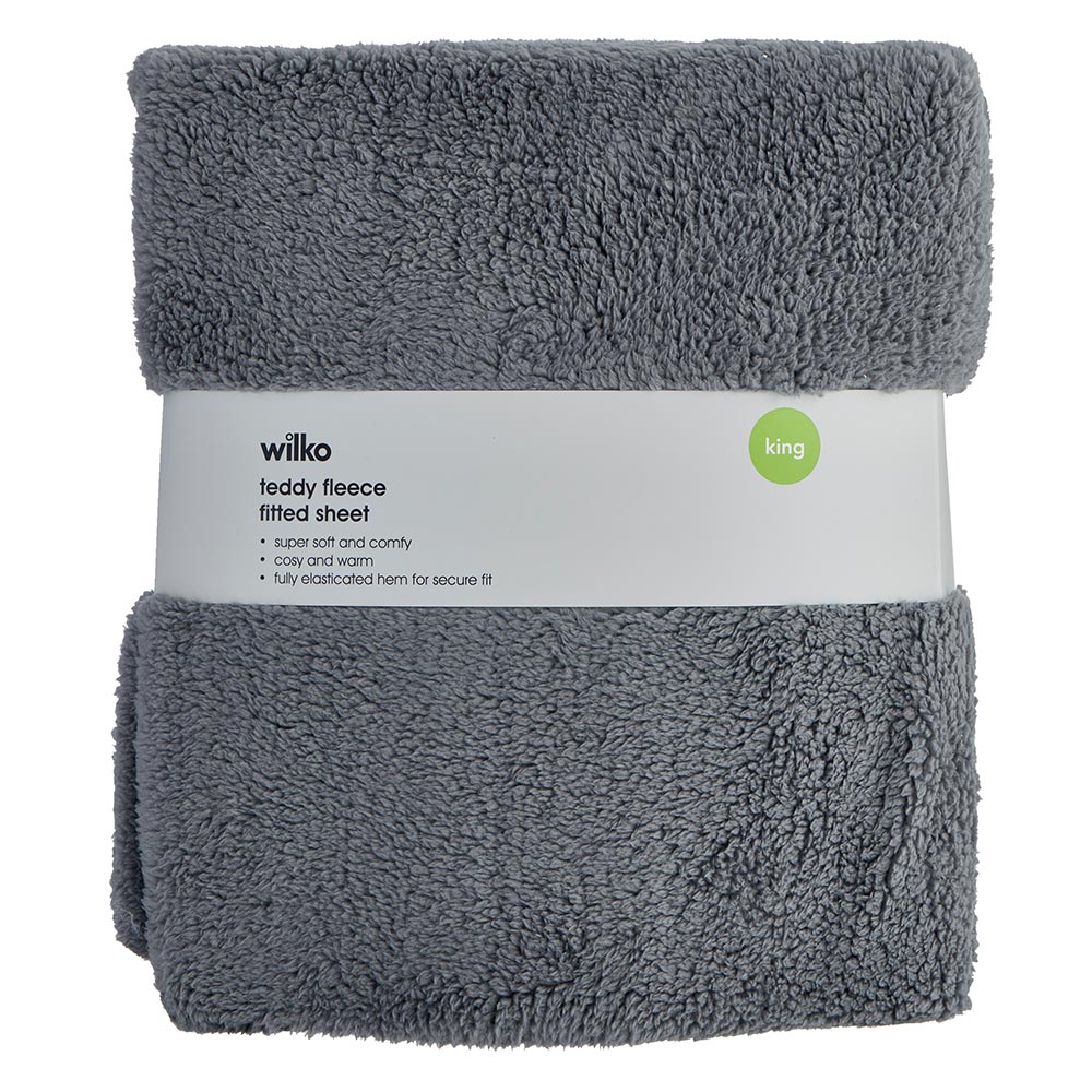Wilko King Charcoal Soft Teddy Fleece Fitted Bed Sheet Image 1