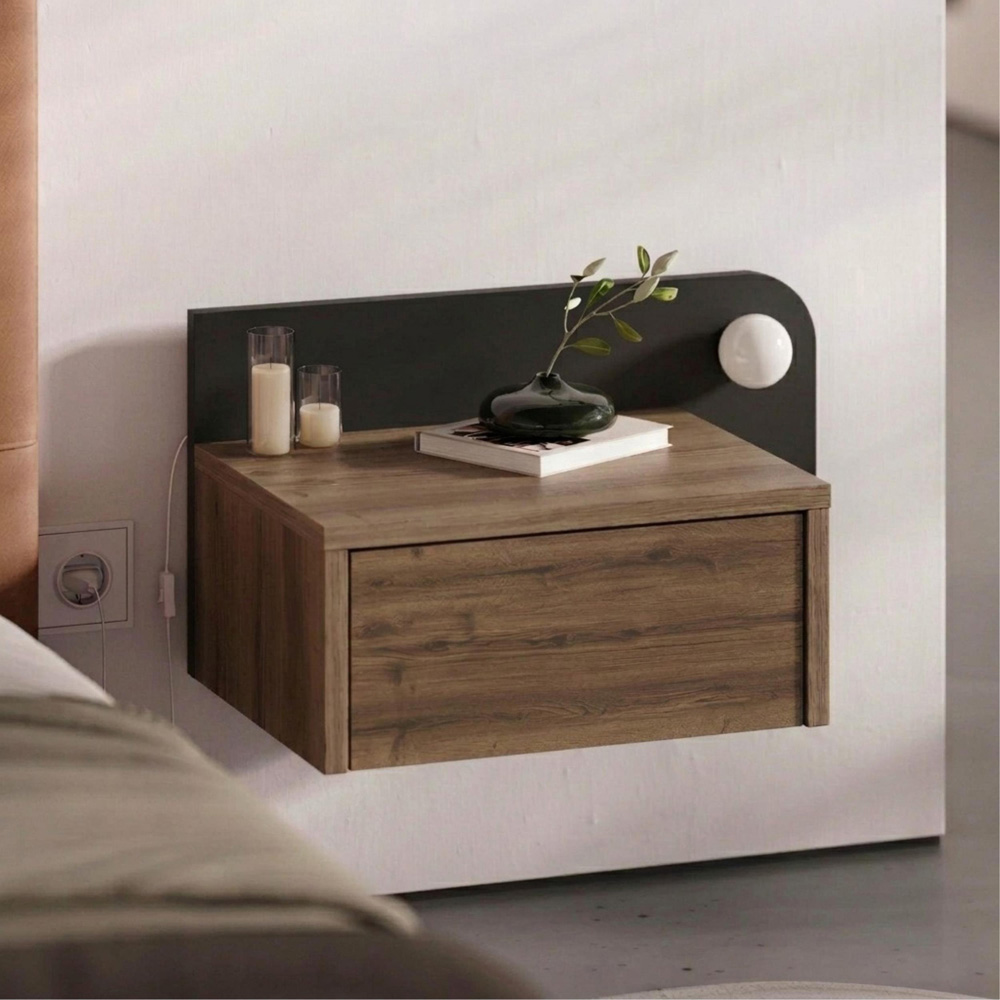 Decortie Dotta Single Drawer Dark Oak Effect Wall Mounted Bedside Table with Night Light Image 4