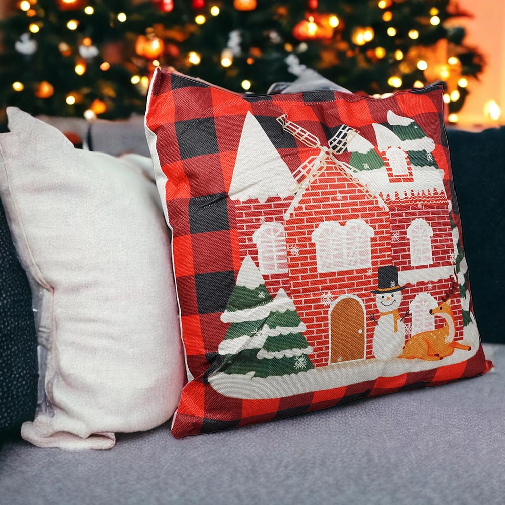 Xmas Haus Christmas-Themed Red Check Windmill Cushion 45 x 45cm Image 2