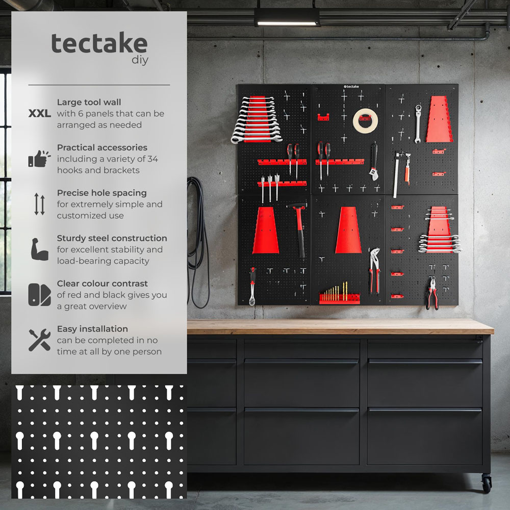 tectake Jonah 6 Panel Tool Pegboard Set with Hooks and Holders Image 6