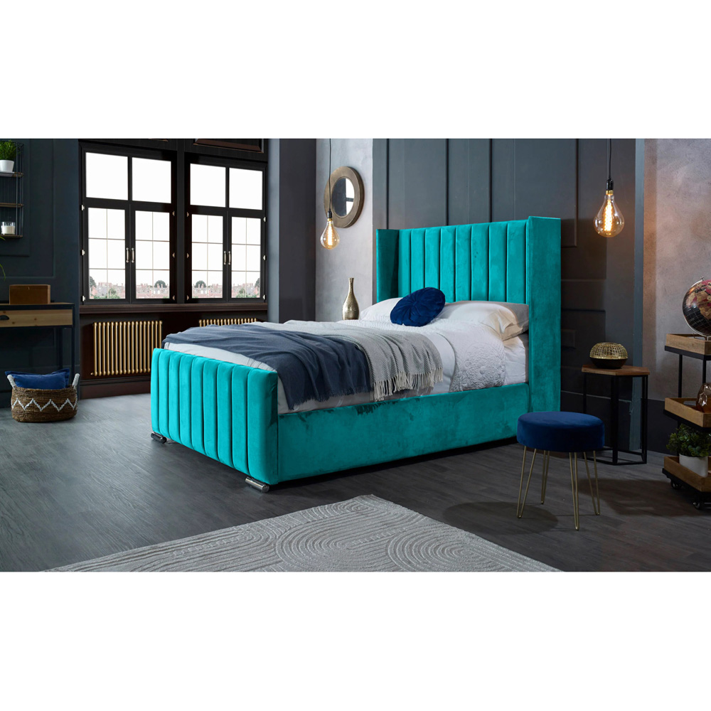 Eleganza Home Meriso Double Teal Plush Velvet Bed Frame with Winged Headboard Image 5