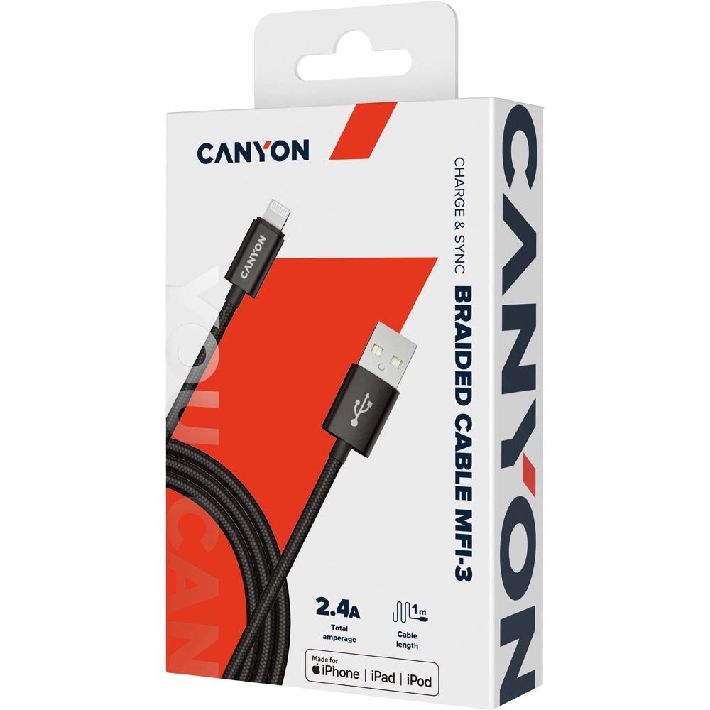 Canyon Black Braided USB to MFI Lightning Cable 1m Image 3