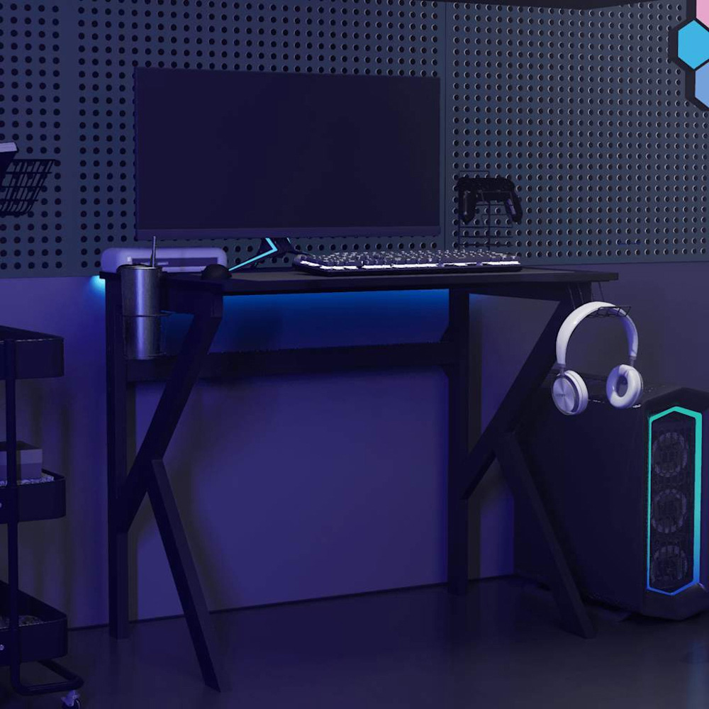 vidaXL K-Shaped Leg Gaming Desk with Headphone Holder Black 90cm Image 6