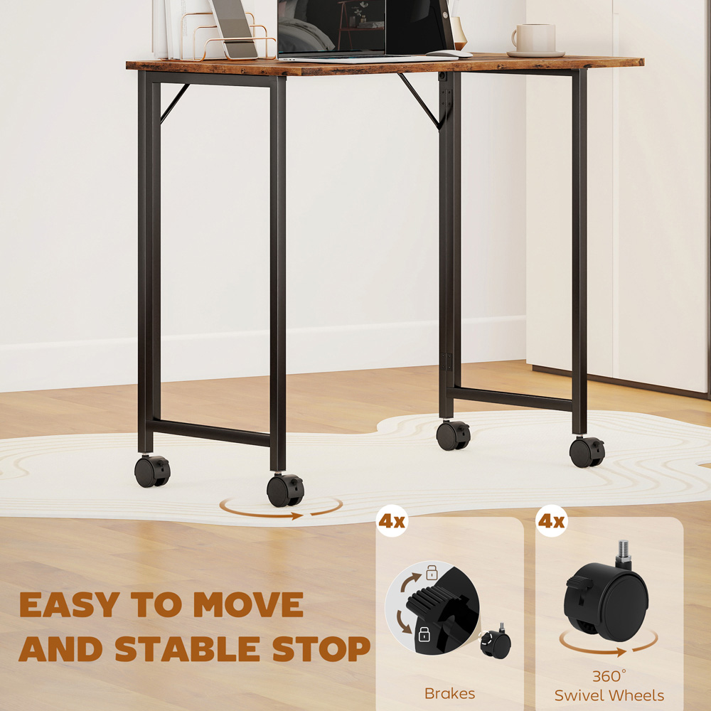 Portland Foldable Small Writing Desk with Wheels Rustic Brown Image 8