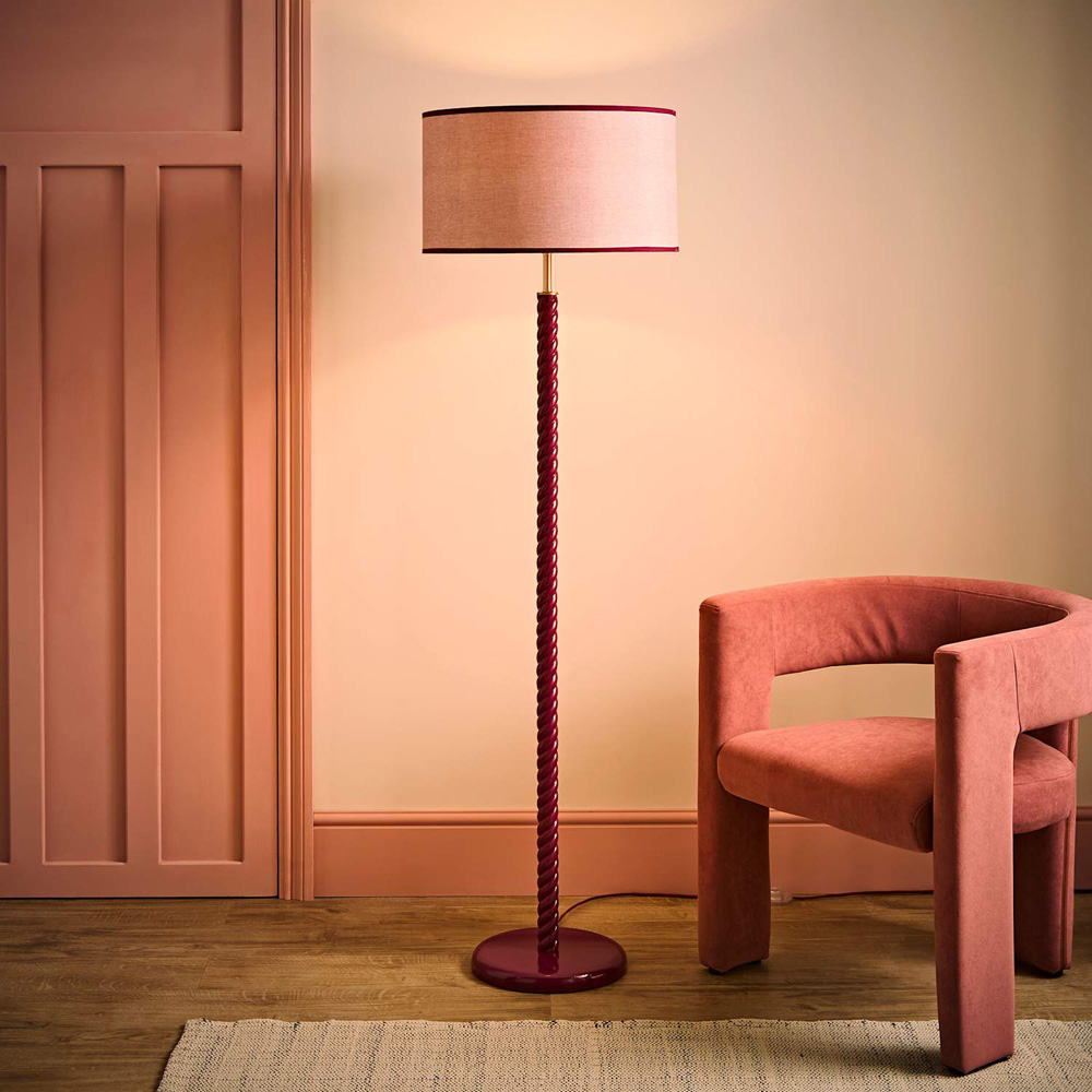 ValueLights Amara Linen Shade Pink Twist LED Floor Lamp with Bulb Image 2