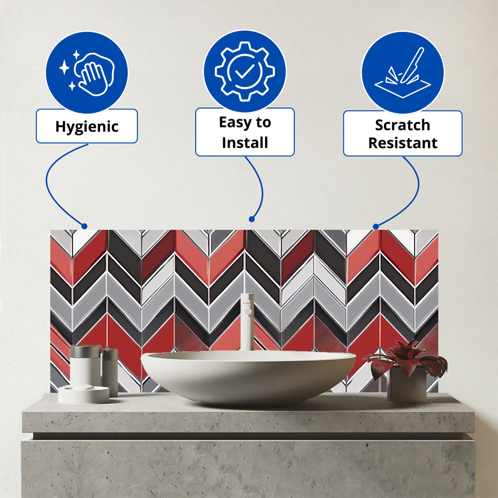 Warren Reed Designer Red Grey Geometric Pattern Glass Bathroom Splashback 25 x 60cm Image 3