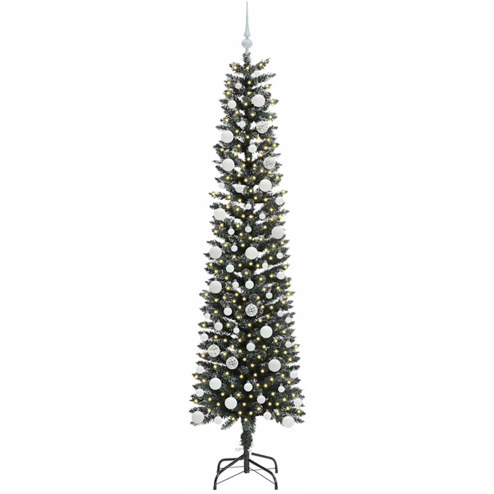 vidaXL Pre-Lit White Baubles Green Artificial Christmas Tree 7ft Image 1