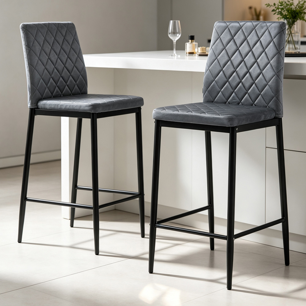 Living and Home Dark Grey Velvet Diamond Stitched Bar Stool Set of 2 Image 1