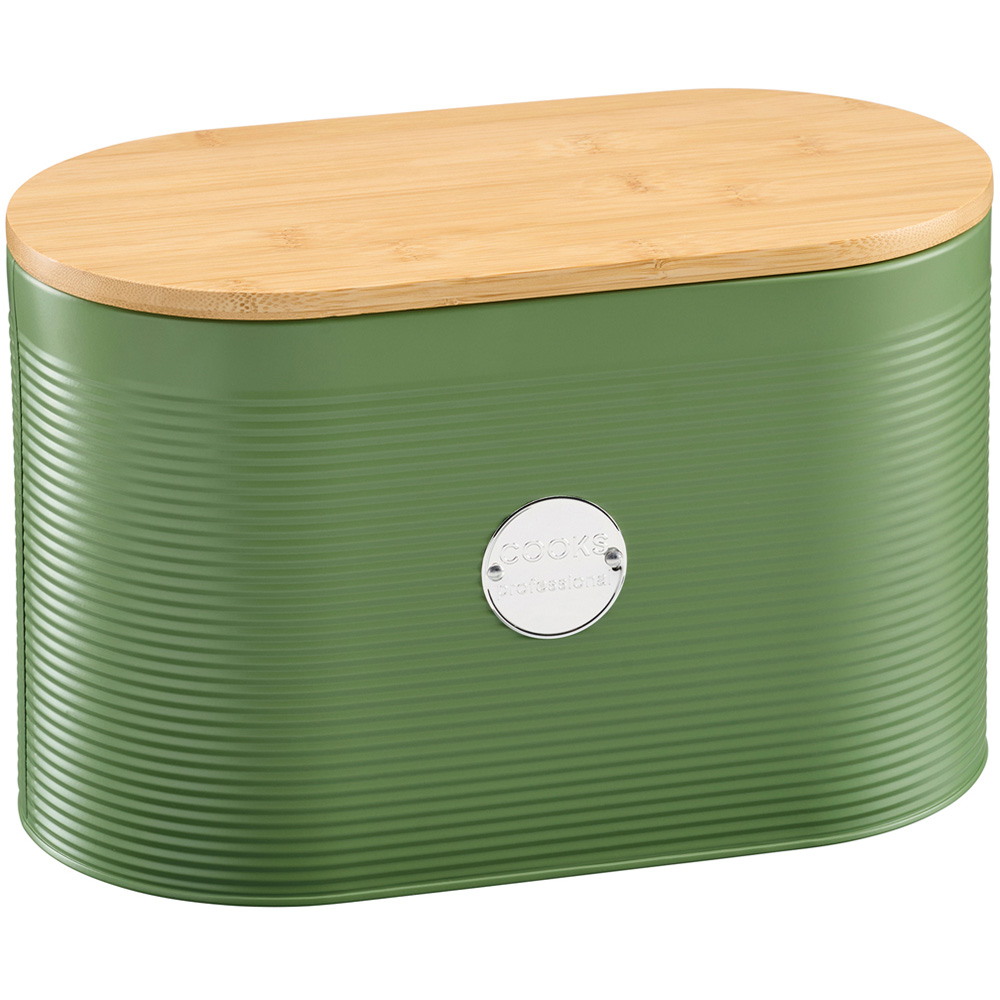 Cooks Professional Green and Silver Ribbed Bread Bin with Linen Bag and Bamboo Lid Image 3