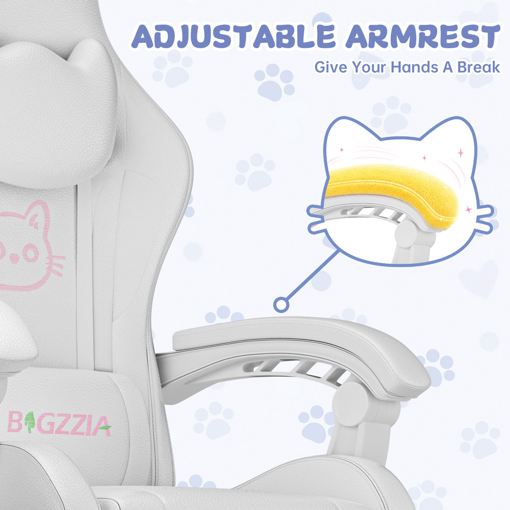 Rattrix White Cat Ears Gaming Chair with Massage Lumbar Support and Footrest Image 7