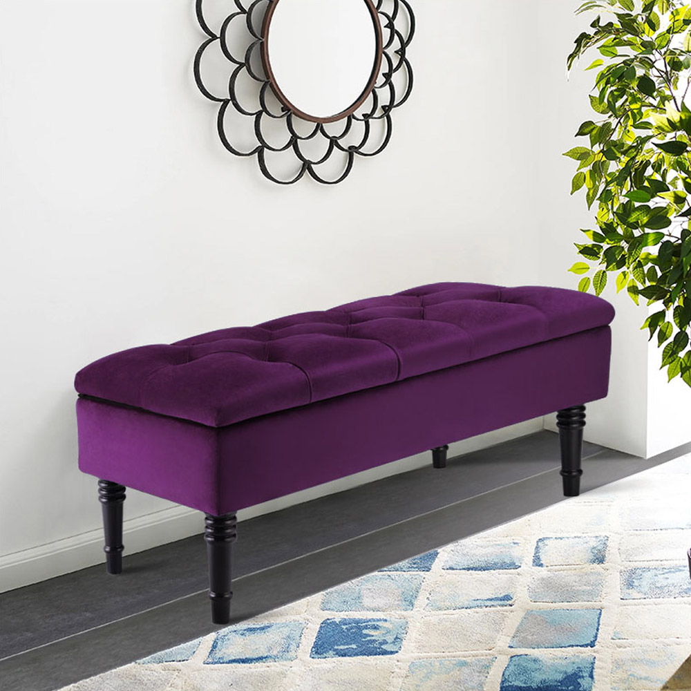 Living and Home Purple Buttoned Velvet Storage Bench Image 2