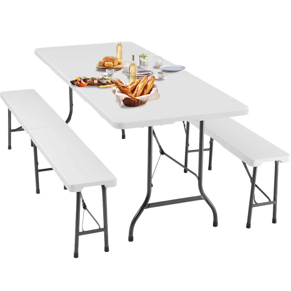 tectake 4 Seater White Foldable Camping Table and Bench Set Image 1