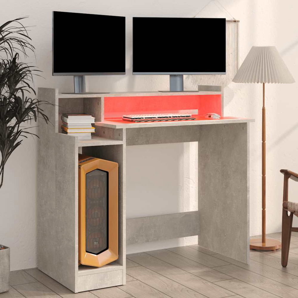 vidaXL 3 Shelf LED Light Computer Desk Concrete Grey Image 8
