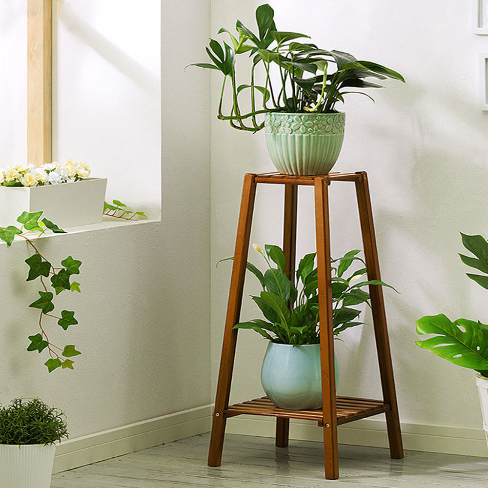 Living and Home 2 Tier Wooden Vintage Natural Plant Stand Image 2