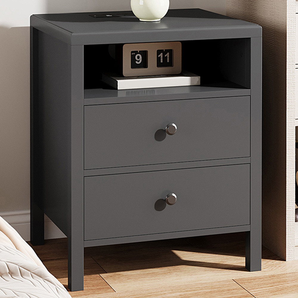 Living and Home 2 Drawer Single Shelf Black Modern Bedside Table with Power Strip Set of 2 Image 1