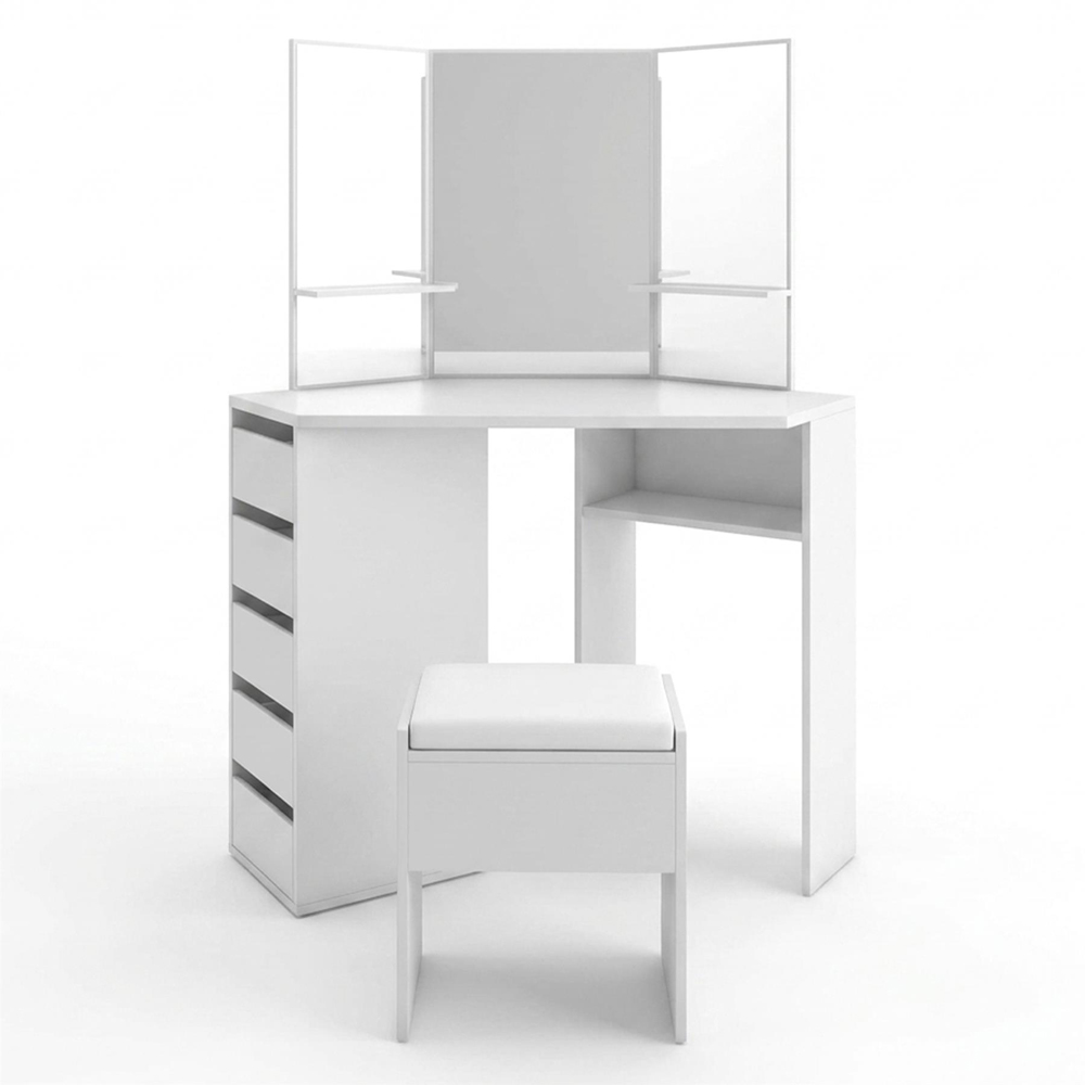 Portland 5 Drawer White Corner Dressing Table Set with LED Mirror Image 2
