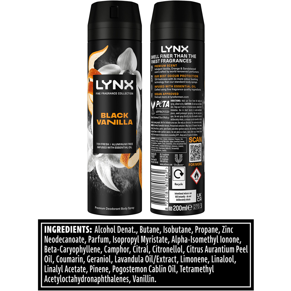 Lynx Fine Fragrance Collection Black Vanilla Deodorant Body Spray 200ml 6 Pack Image 8