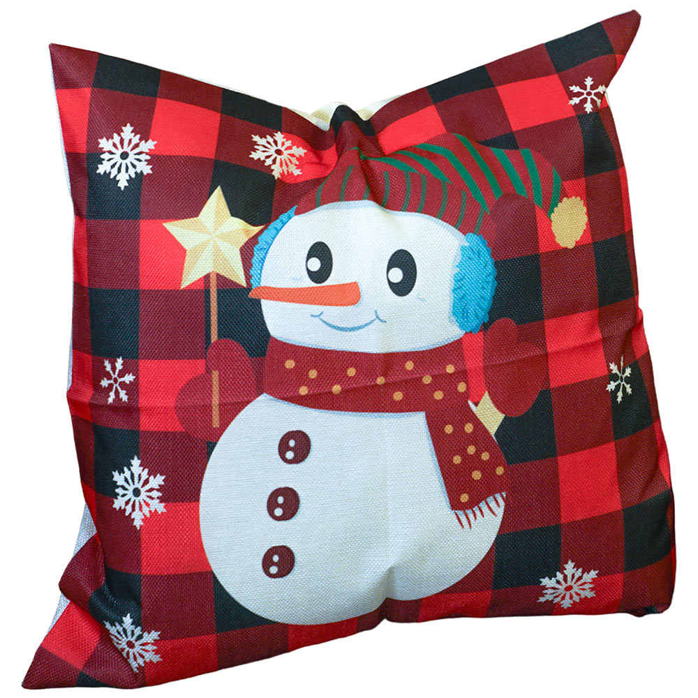 Xmas Haus Christmas-Themed Red Check Snowman Cushion 45 x 45cm Image 1