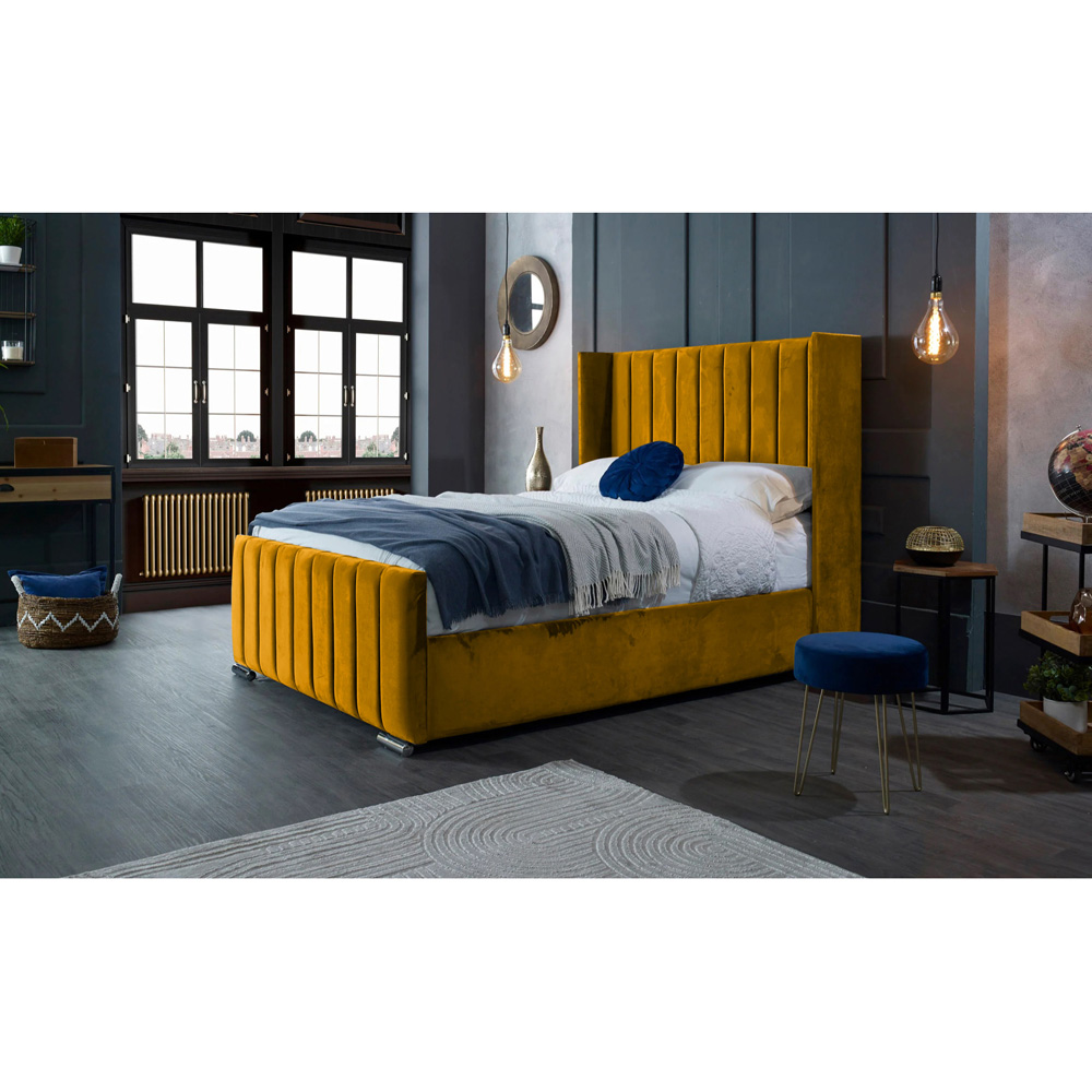 Eleganza Home Meriso King Size Mustard Plush Velvet Bed Frame with Winged Headboard Image 4