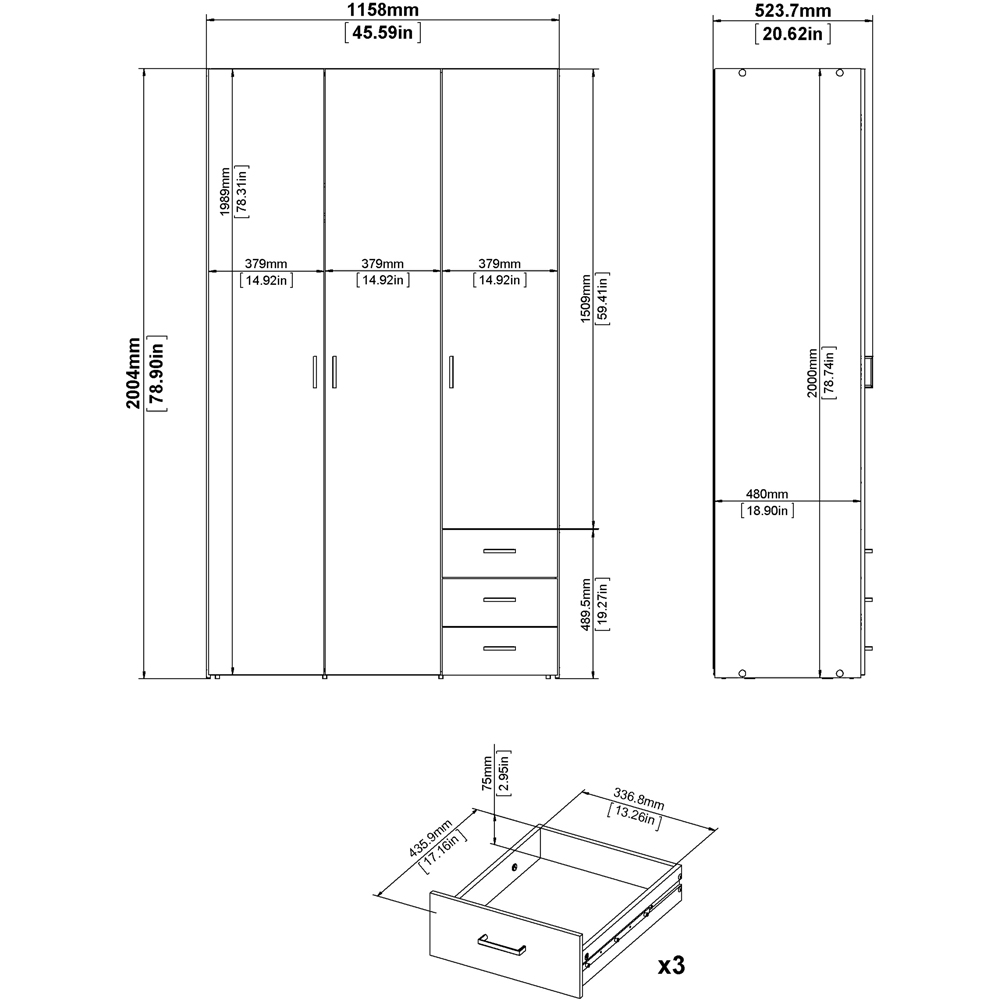 Florence Space 3 Door 3 Drawer Oak Wardrobe Image 7