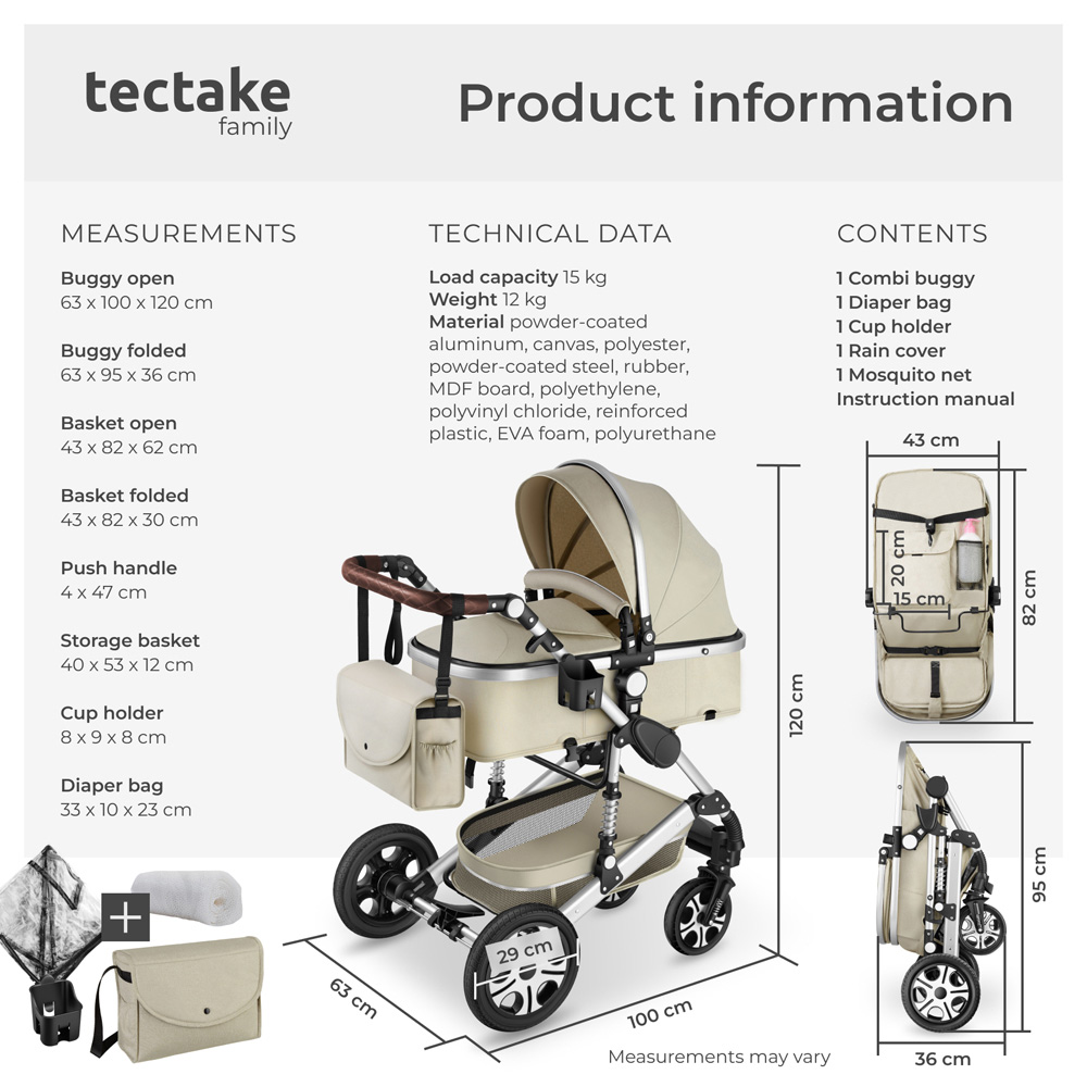 tectake Grey and Beige Foldable Pram Stroller with 5 Point Harness Safety Bar and Wrist Strap Image 9