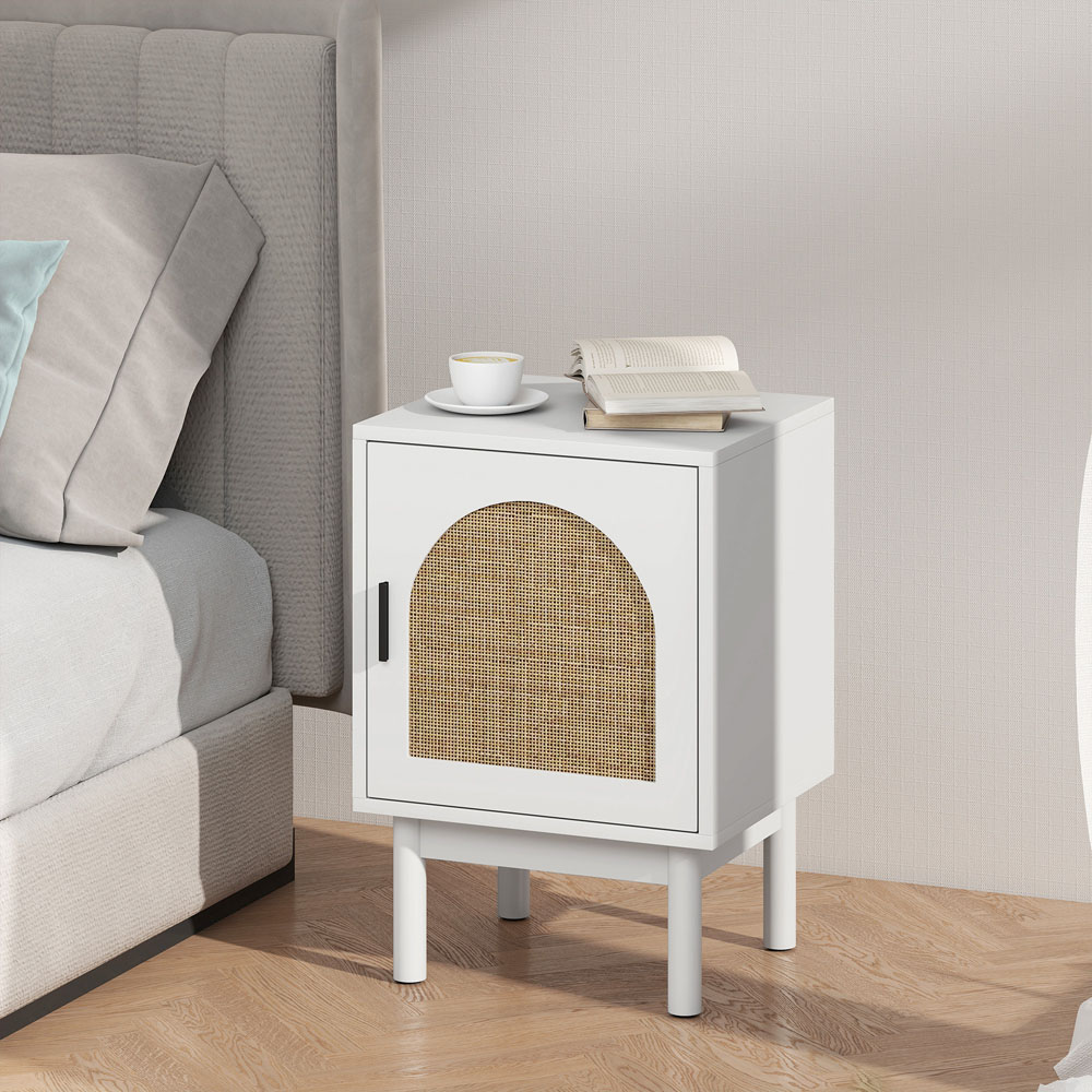 HOMCOM Boho Rattan Single Door White Bedside Table Image 3