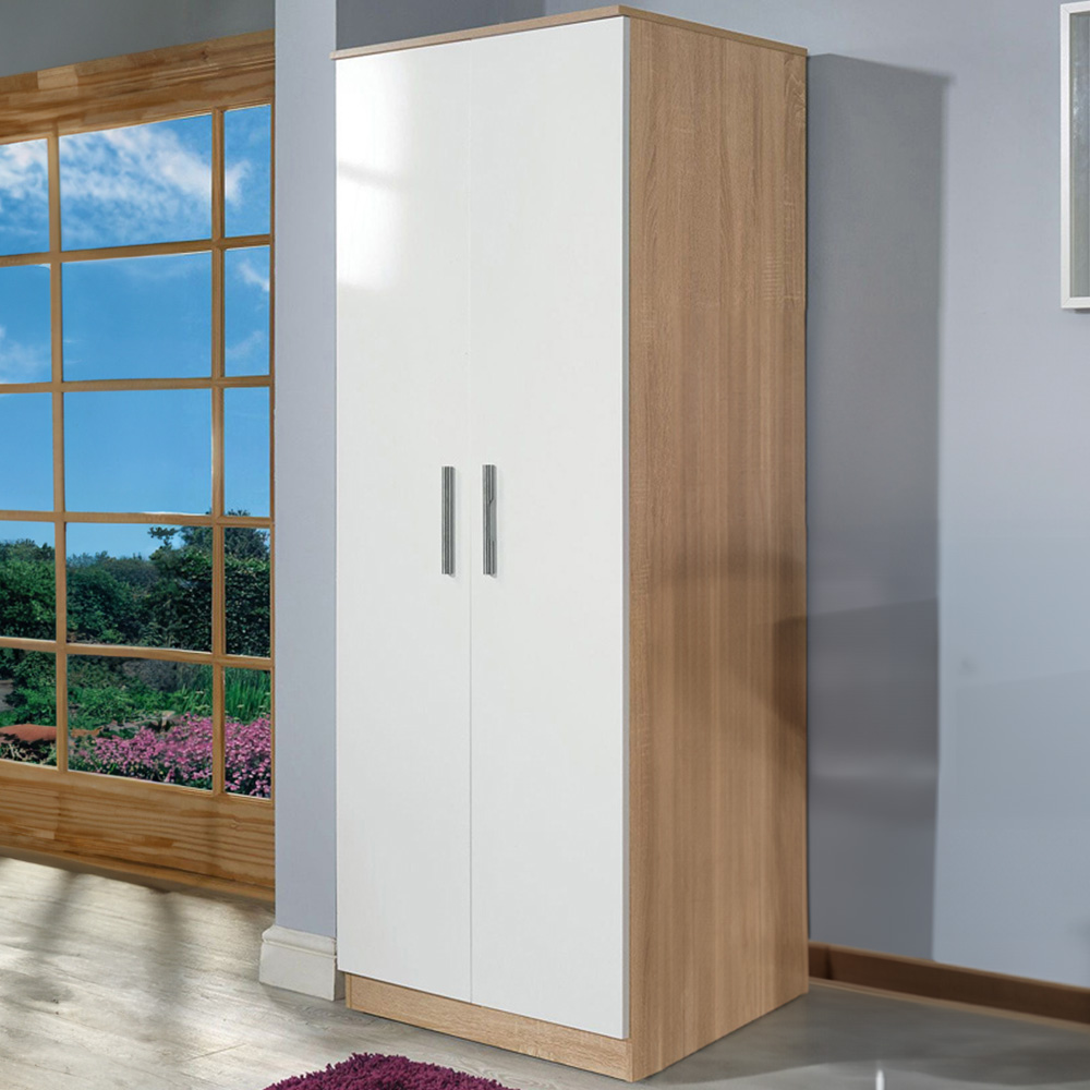 Crowndale Contrast Ready Assembled 2 Door Gloss White and Bardolino Oak Tall Wardrobe Image 1