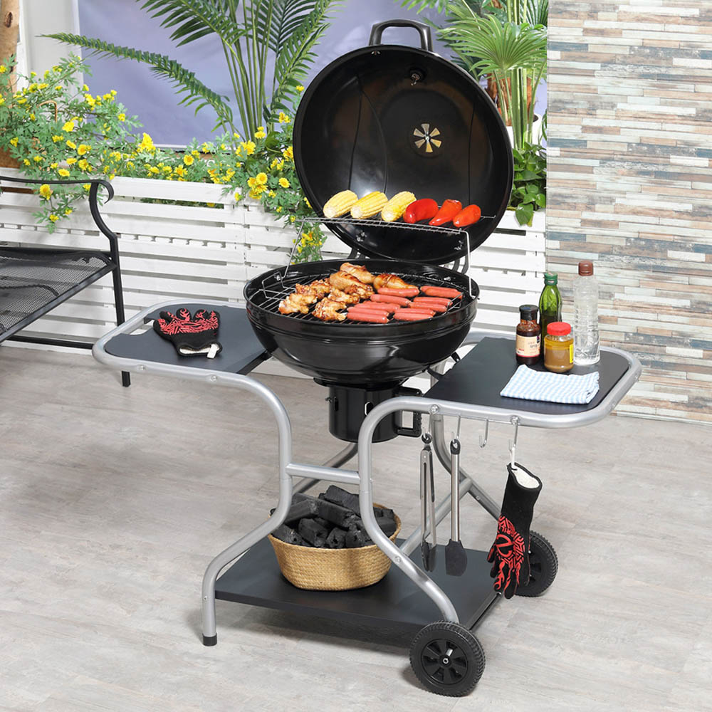 Outsunny Black Deluxe Charcoal Trolley BBQ with Side Tables Image 2